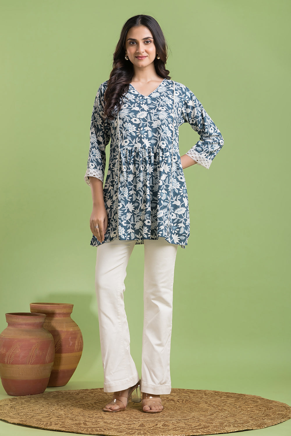 Grey Blue Floral Print Short Kurta