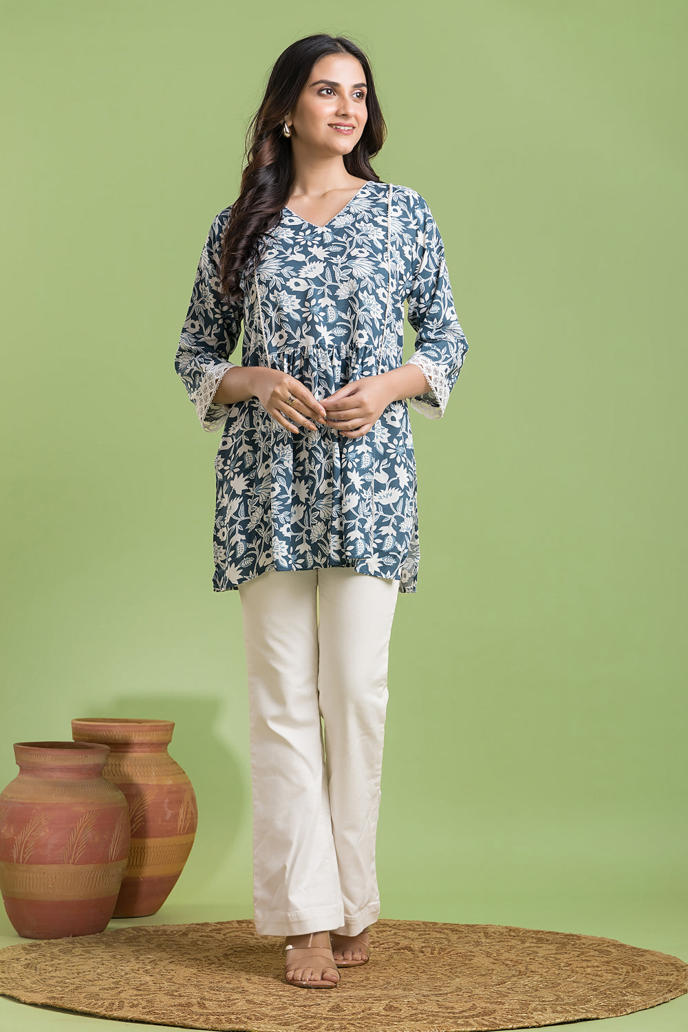 Grey Blue Floral Print Short Kurta
