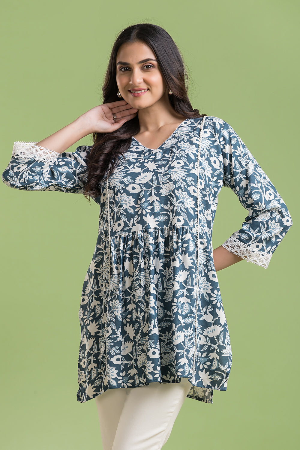 Grey Blue Floral Print Short Kurta