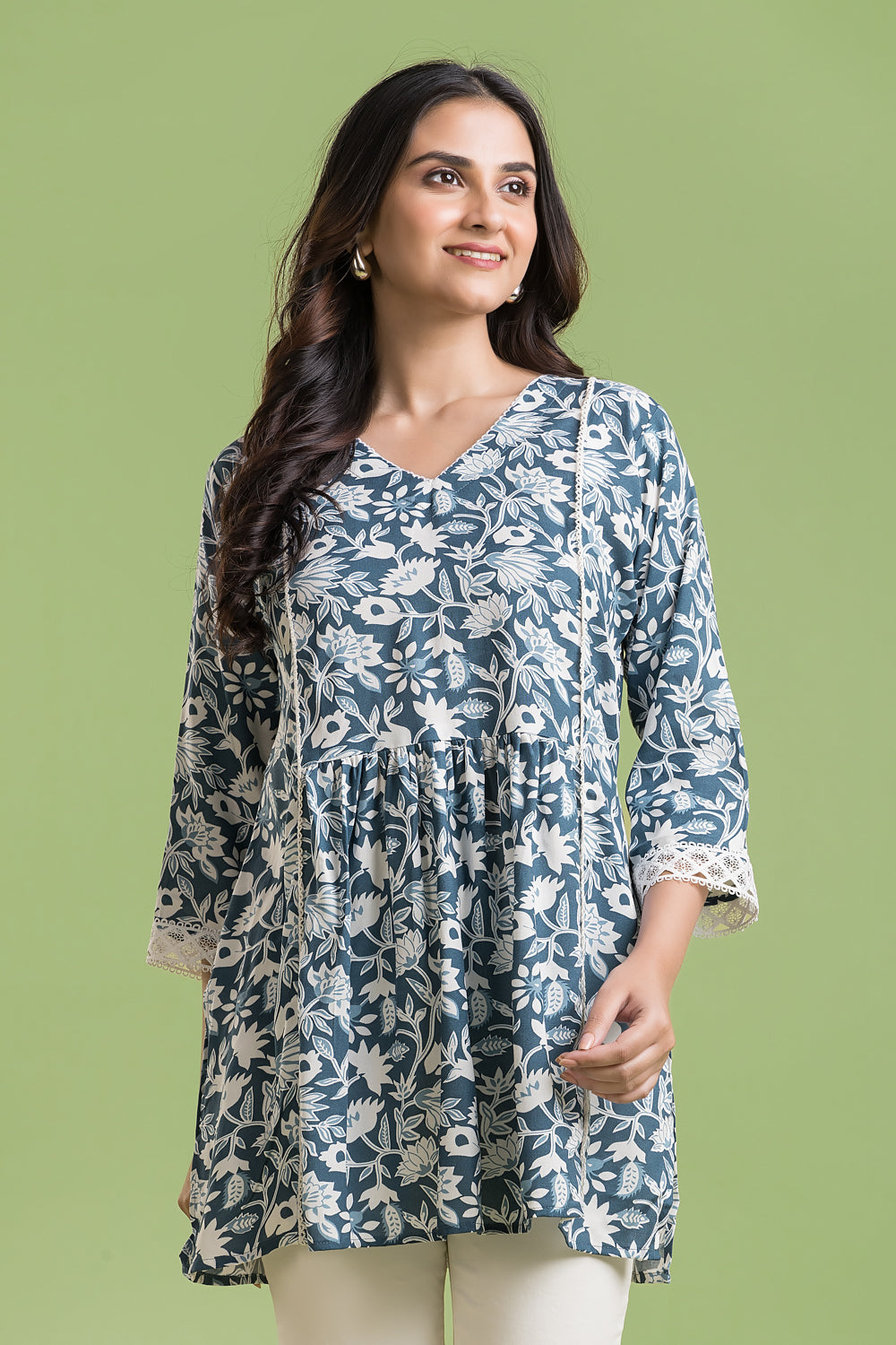 Grey Blue Floral Print Short Kurta