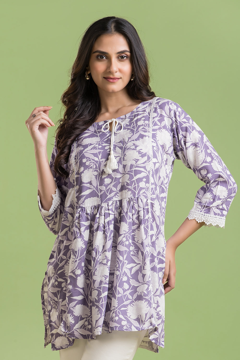 Lavender Floral Print Short Kurta