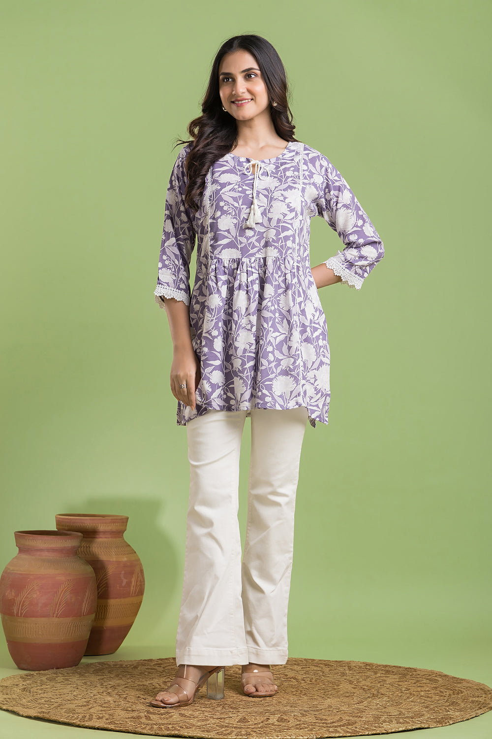 Lavender Floral Print Short Kurta