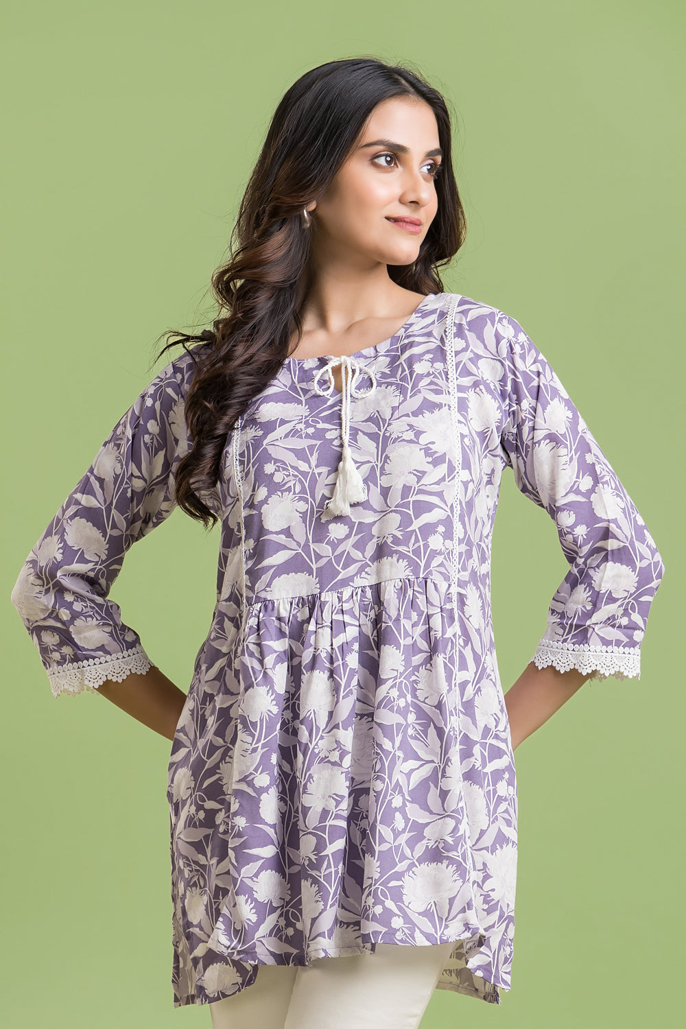 Lavender Floral Print Short Kurta