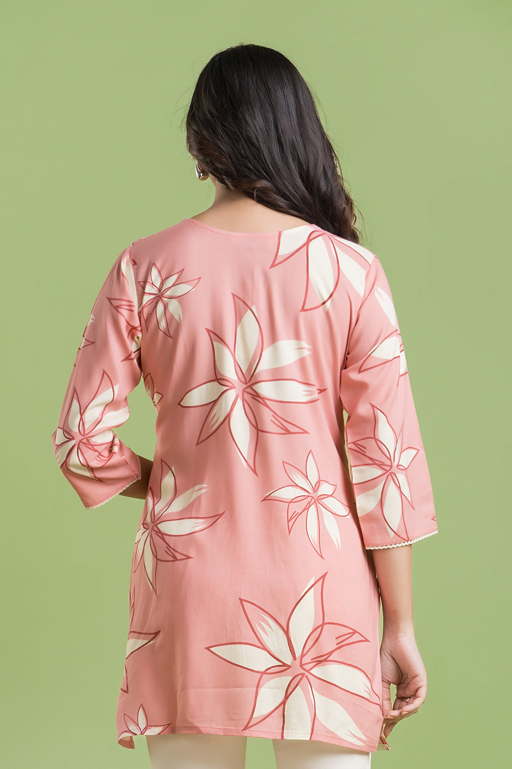 Peach Floral Print Short Kurta