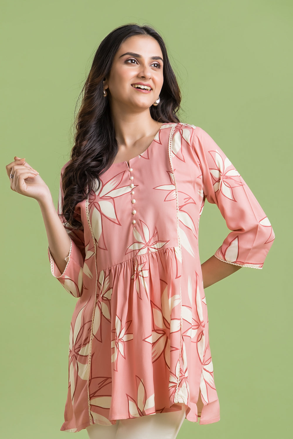 Peach Floral Print Short Kurta