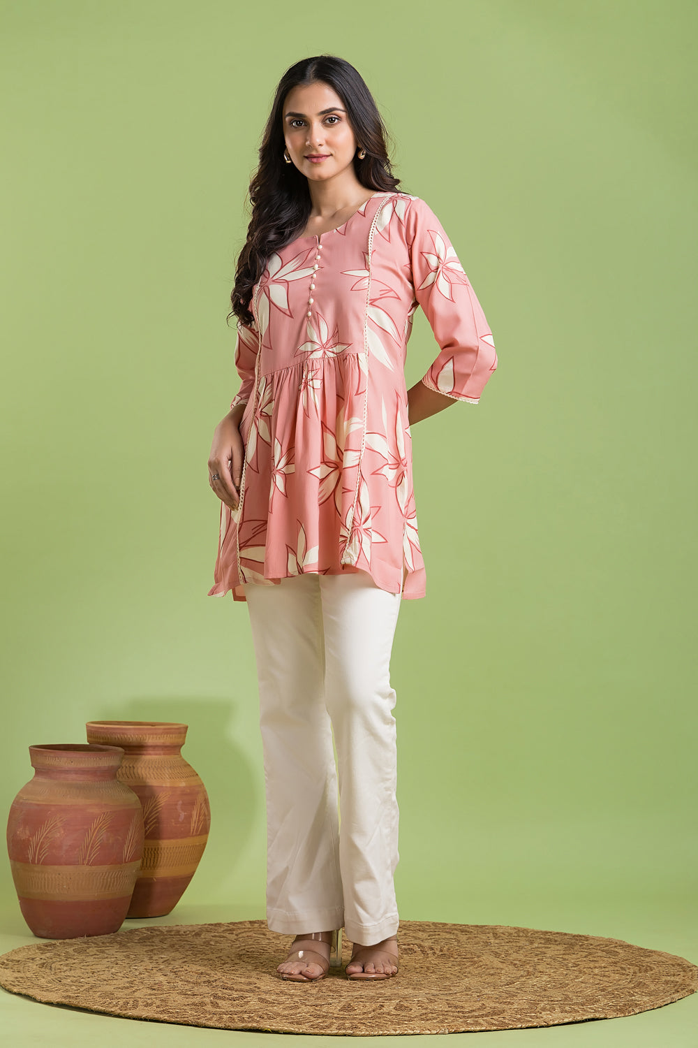 Peach Floral Print Short Kurta