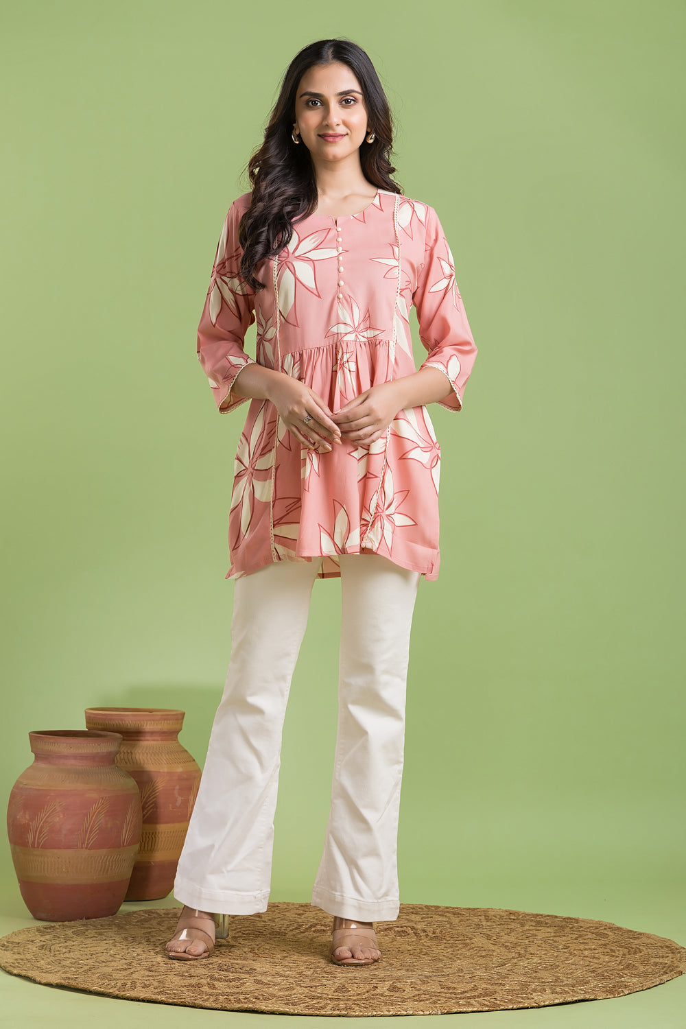 Peach Floral Print Short Kurta