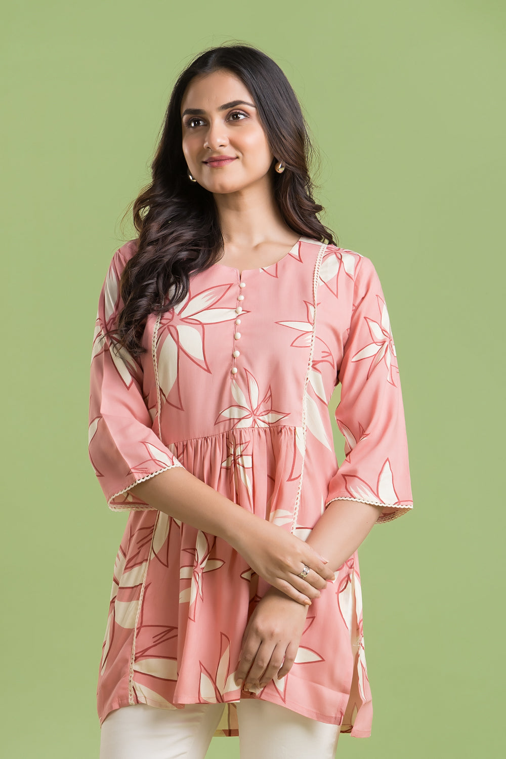 Peach Floral Print Short Kurta