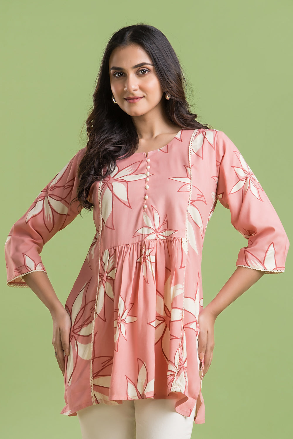 Peach Floral Print Short Kurta