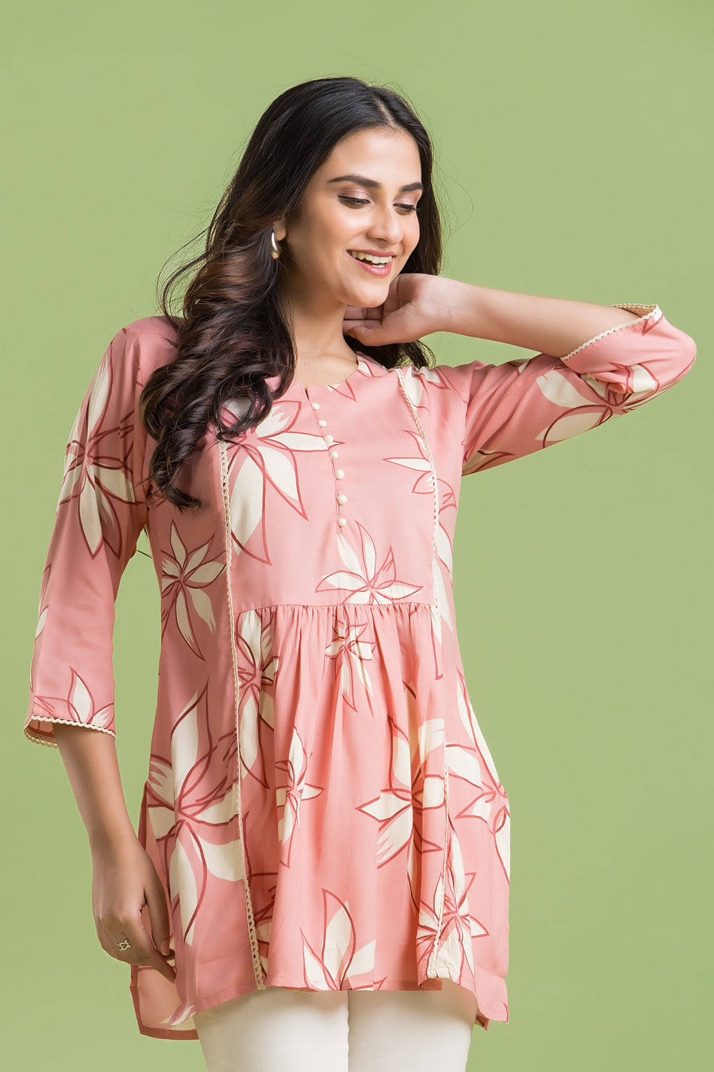 Peach Floral Print Short Kurta