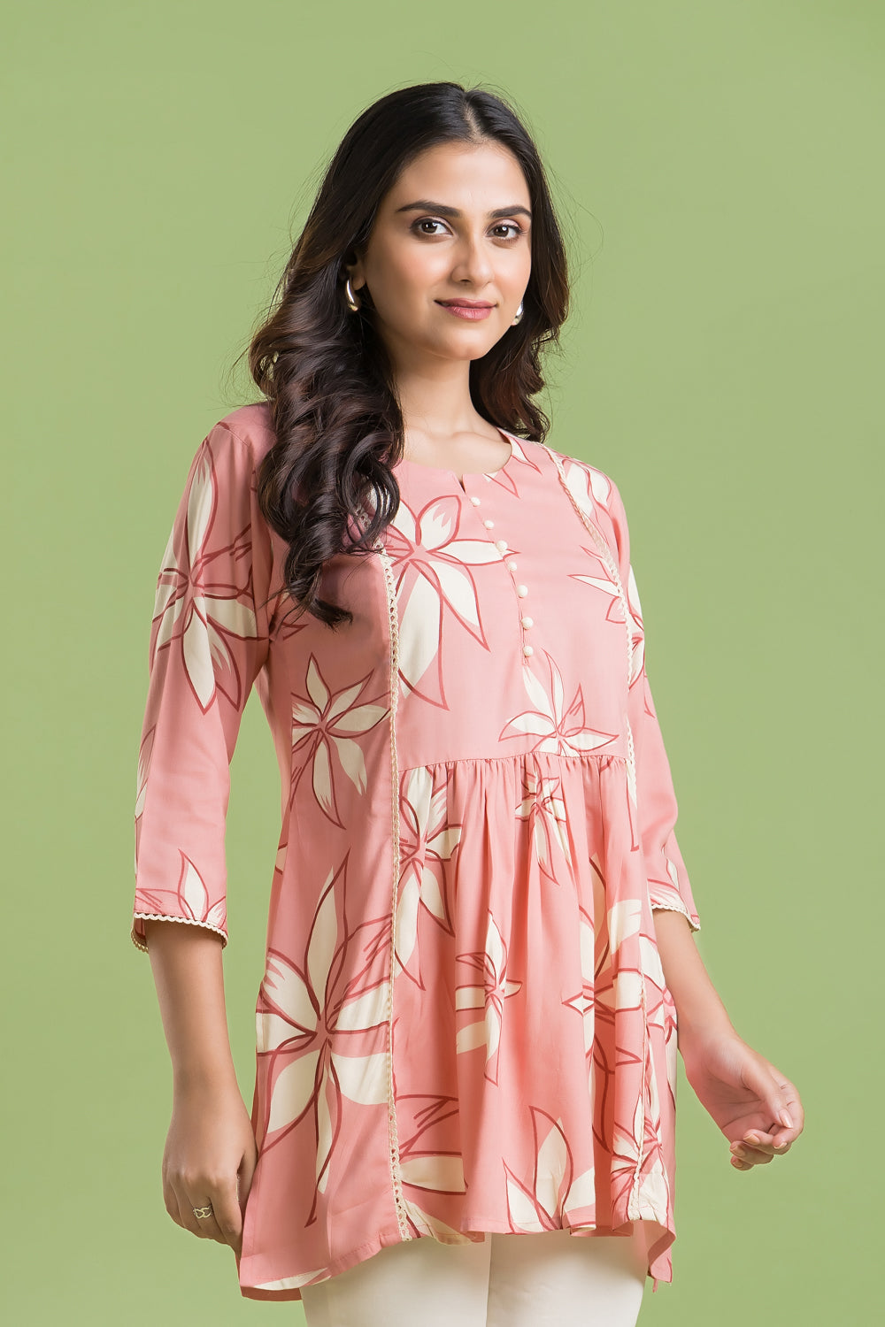 Peach Floral Print Short Kurta