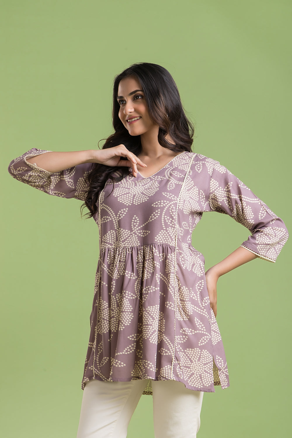 Lilac Floral Print Short Kurta