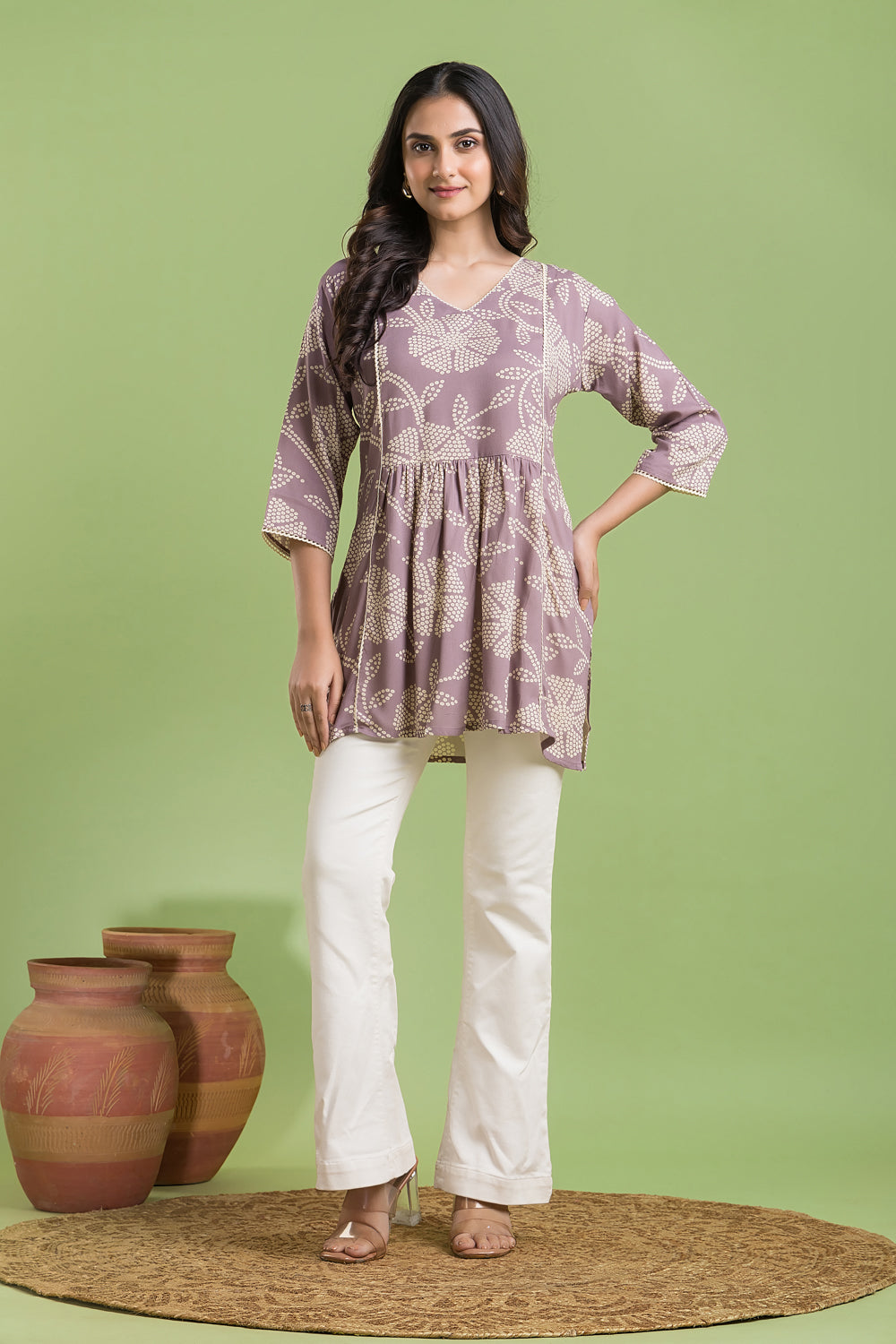 Lilac Floral Print Short Kurta