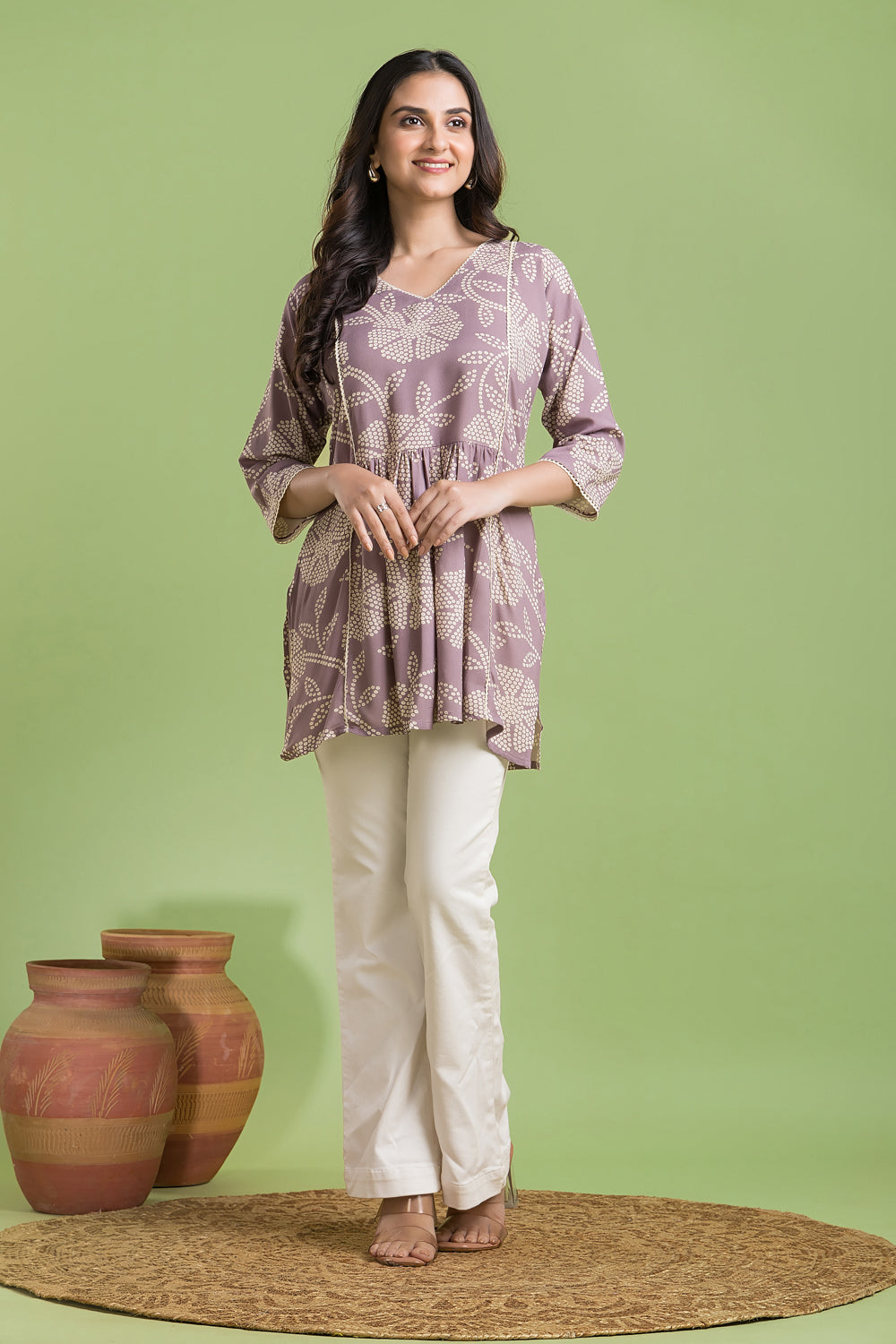 Lilac Floral Print Short Kurta