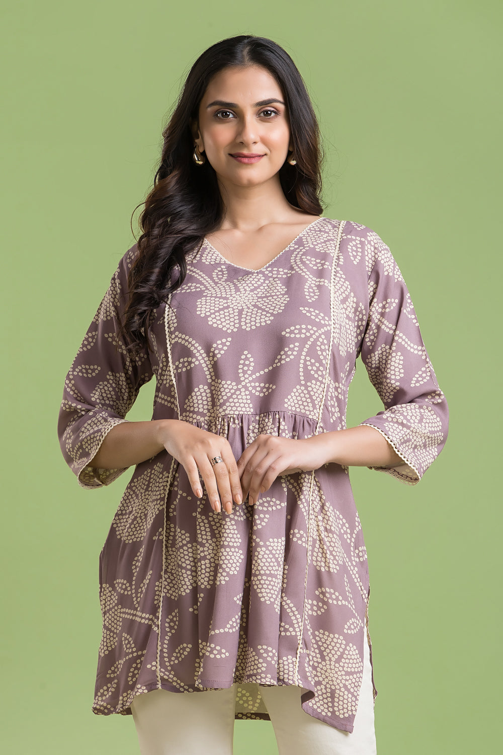 Lilac Floral Print Short Kurta