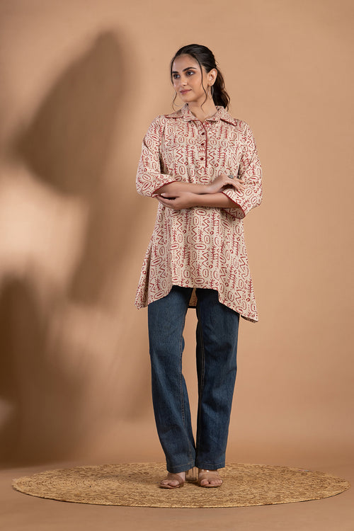 Beige & Red Geometric Print Short Kurta