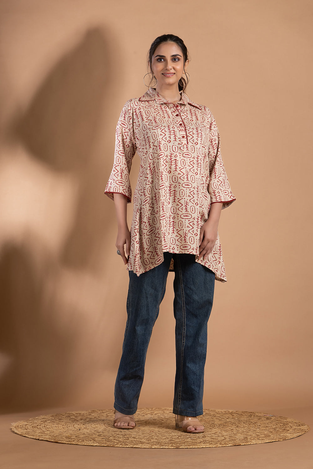 Beige & Red Geometric Print Short Kurta