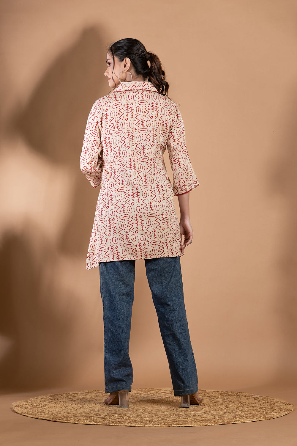 Beige & Red Geometric Print Short Kurta