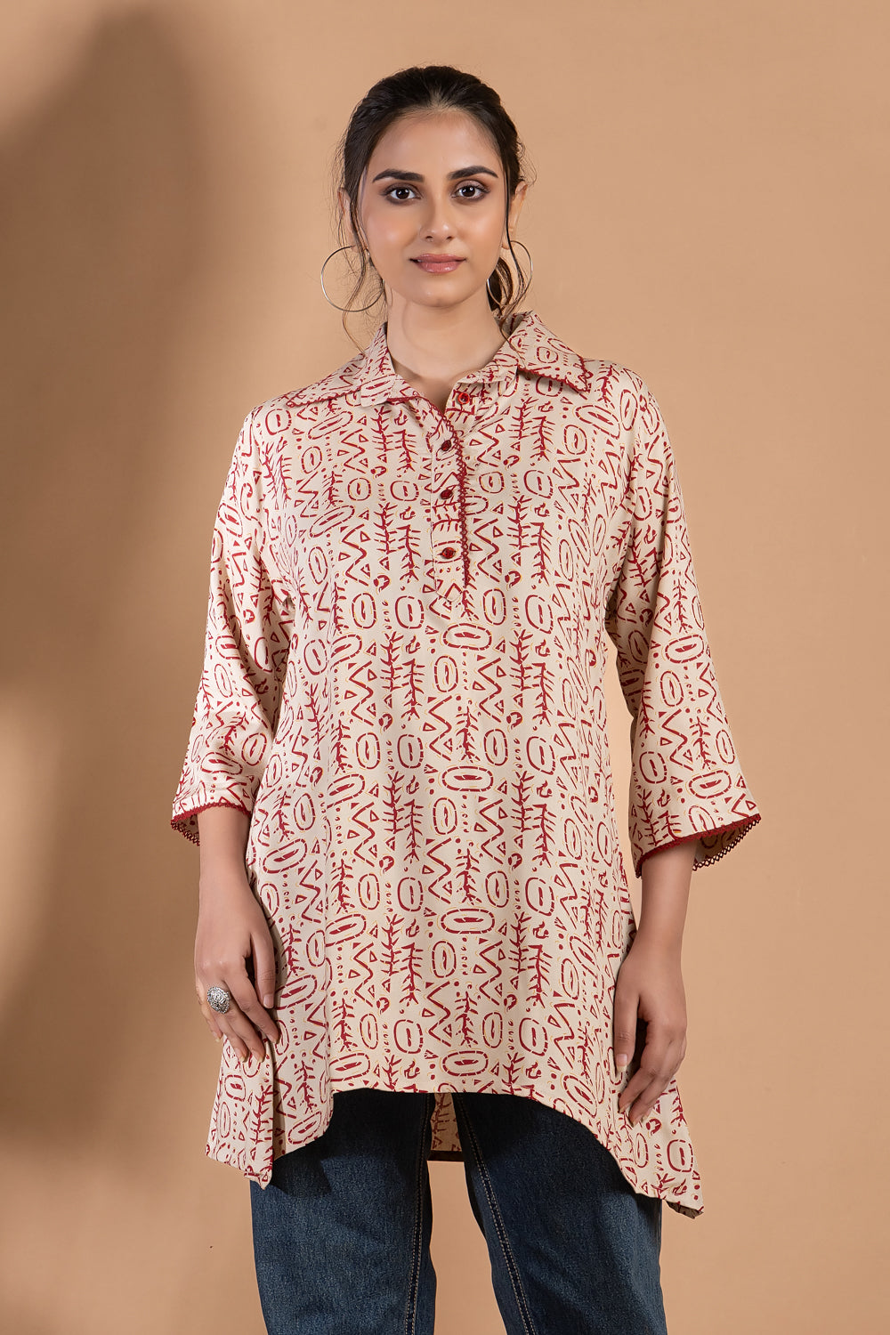 Beige & Red Geometric Print Short Kurta
