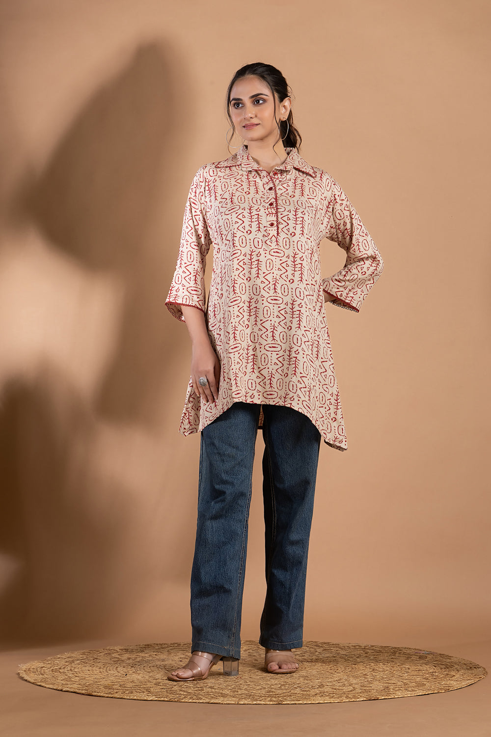 Beige & Red Geometric Print Short Kurta