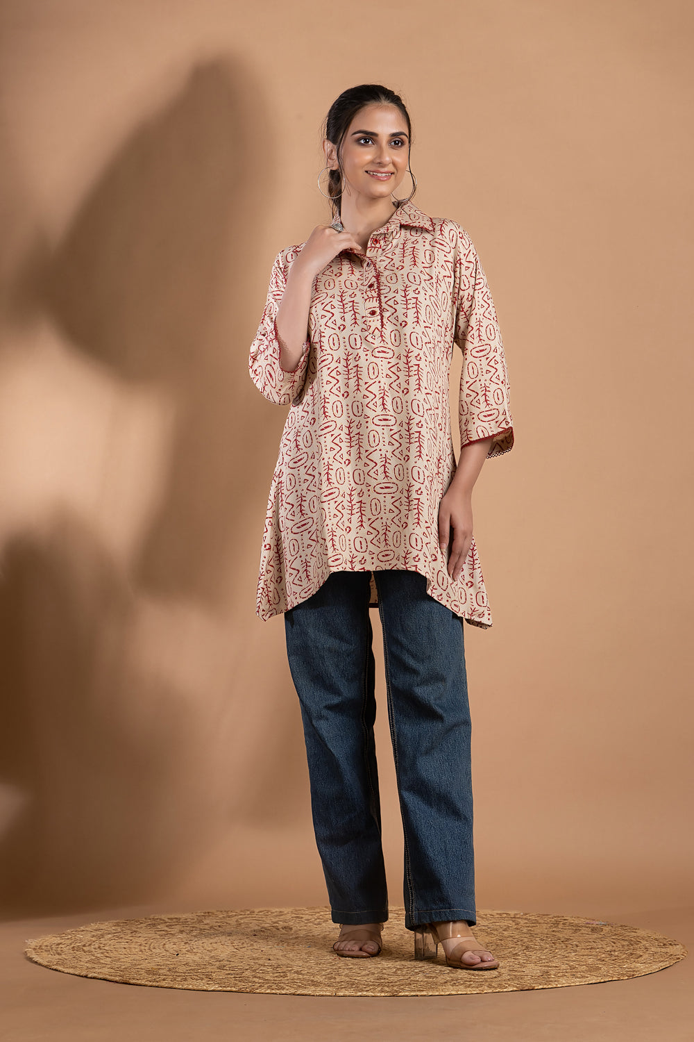 Beige & Red Geometric Print Short Kurta