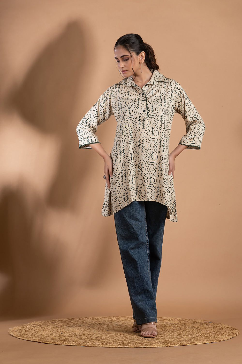 Beige & Green Geometric Print Short Kurta
