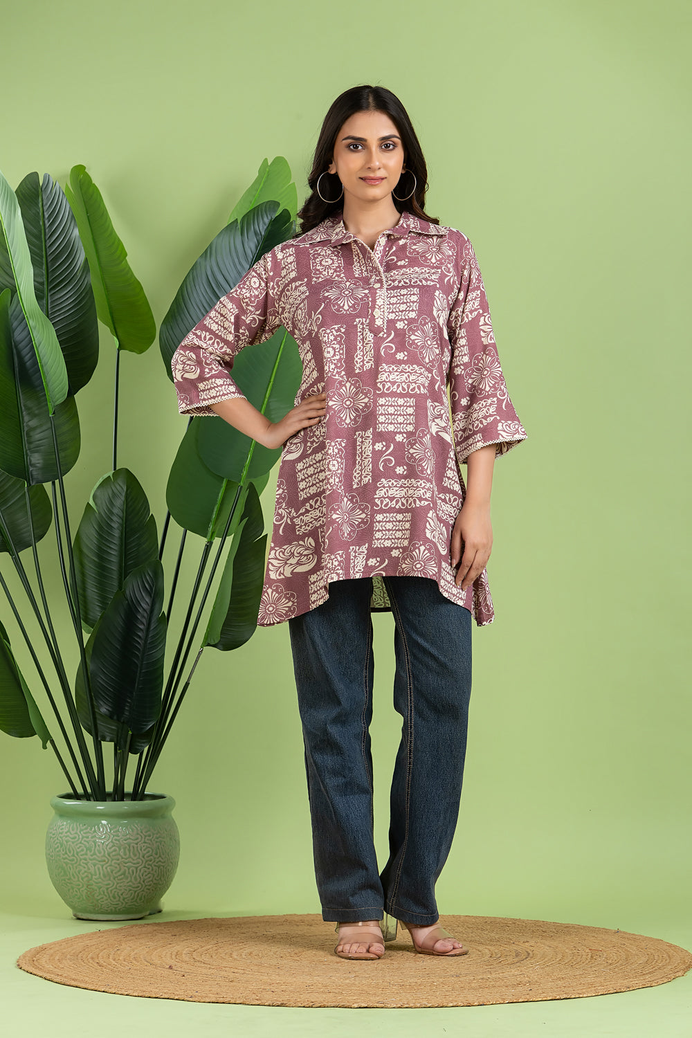 Mauve Floral Print Short Kurta