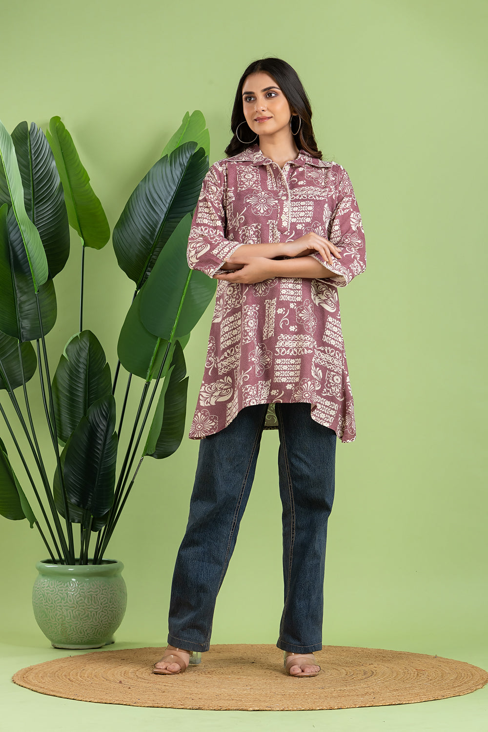 Mauve Floral Print Short Kurta
