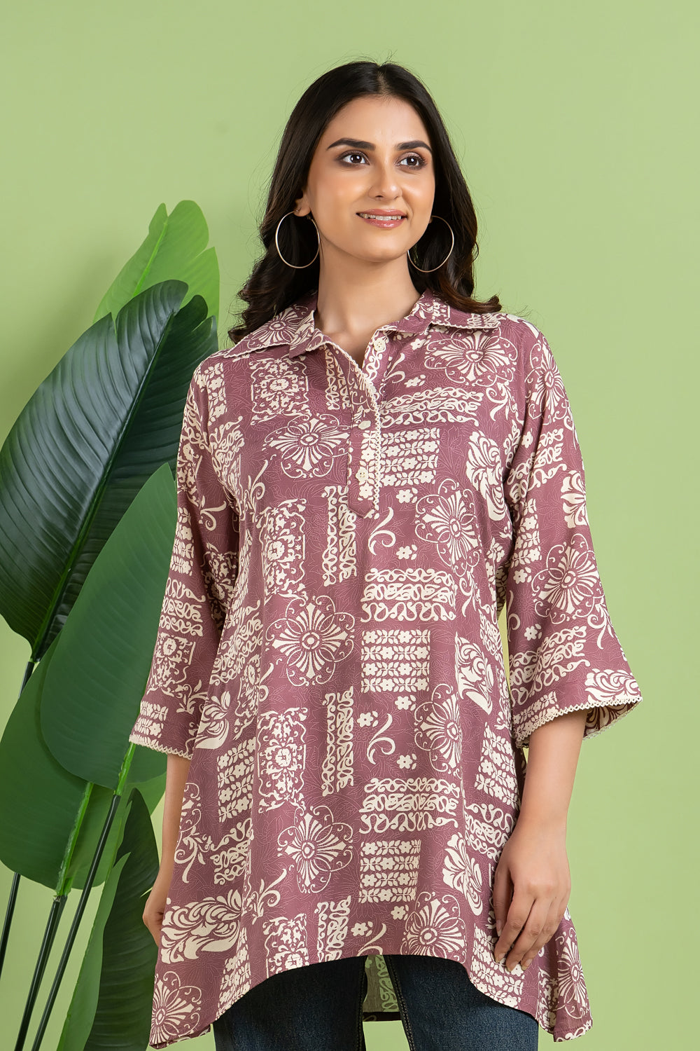 Mauve Floral Print Short Kurta