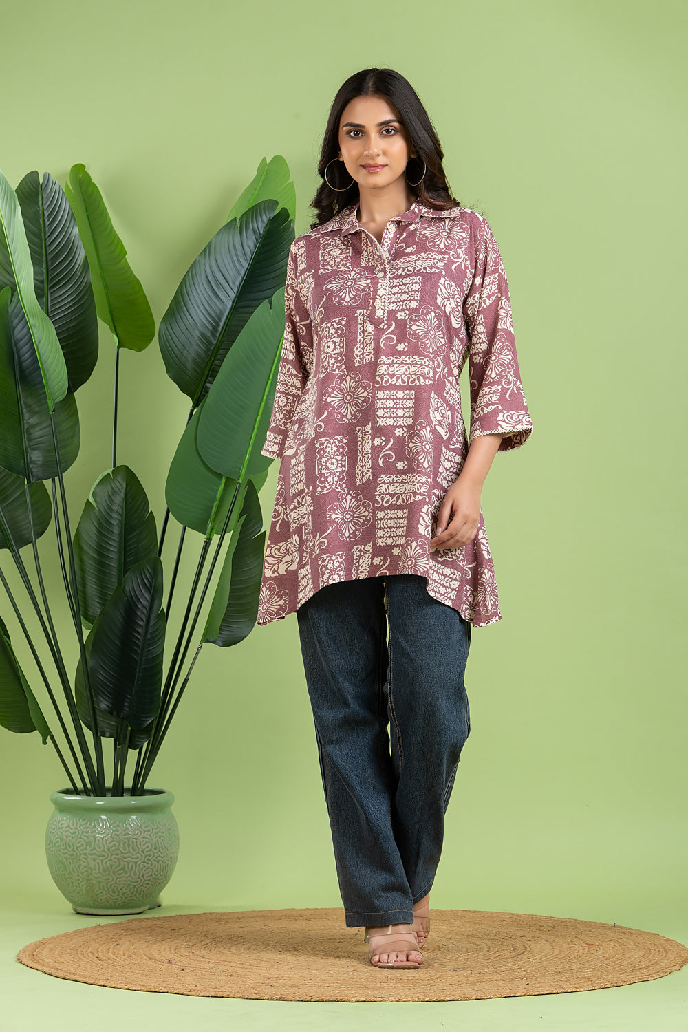 Mauve Floral Print Short Kurta