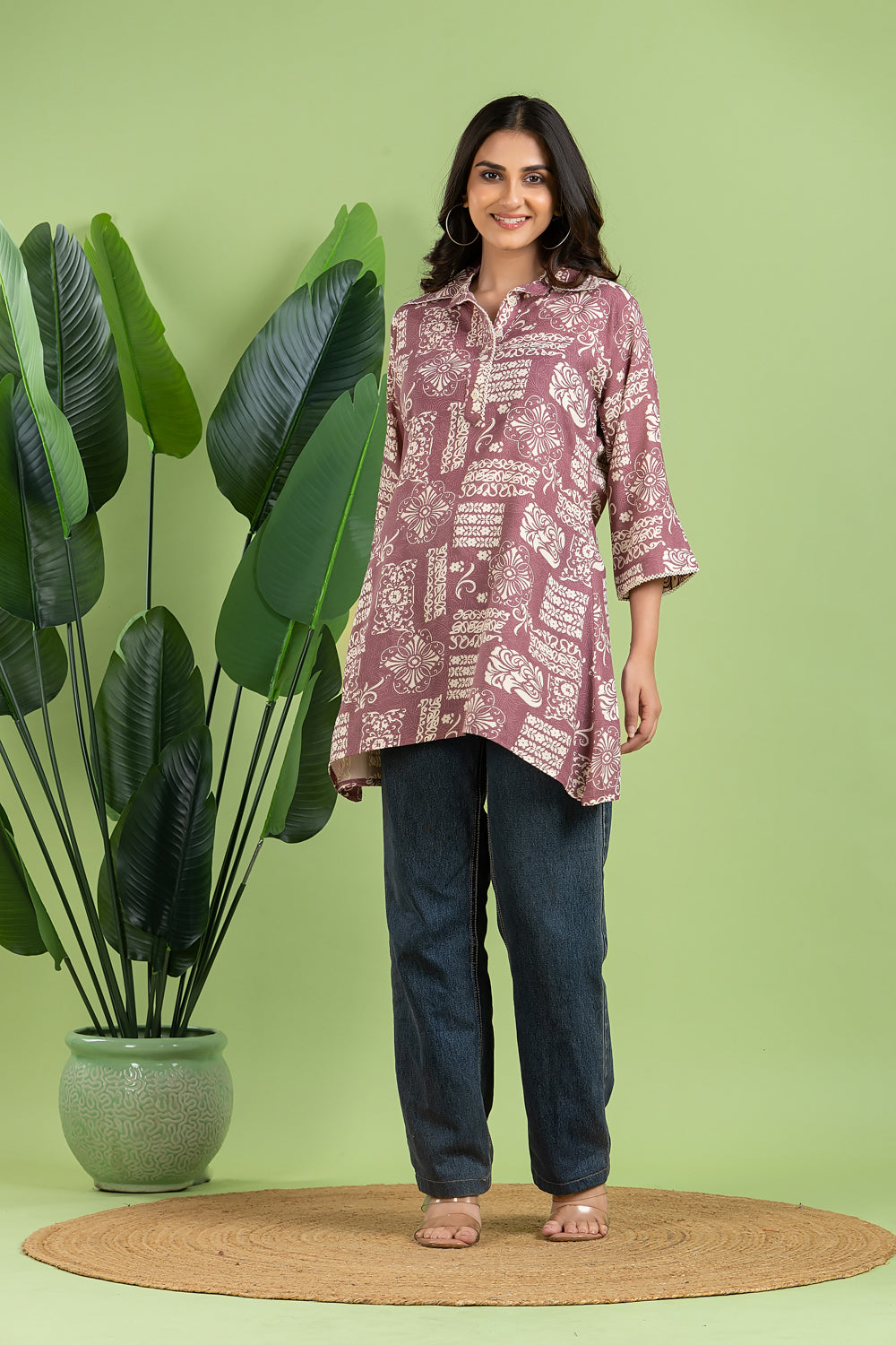 Mauve Floral Print Short Kurta