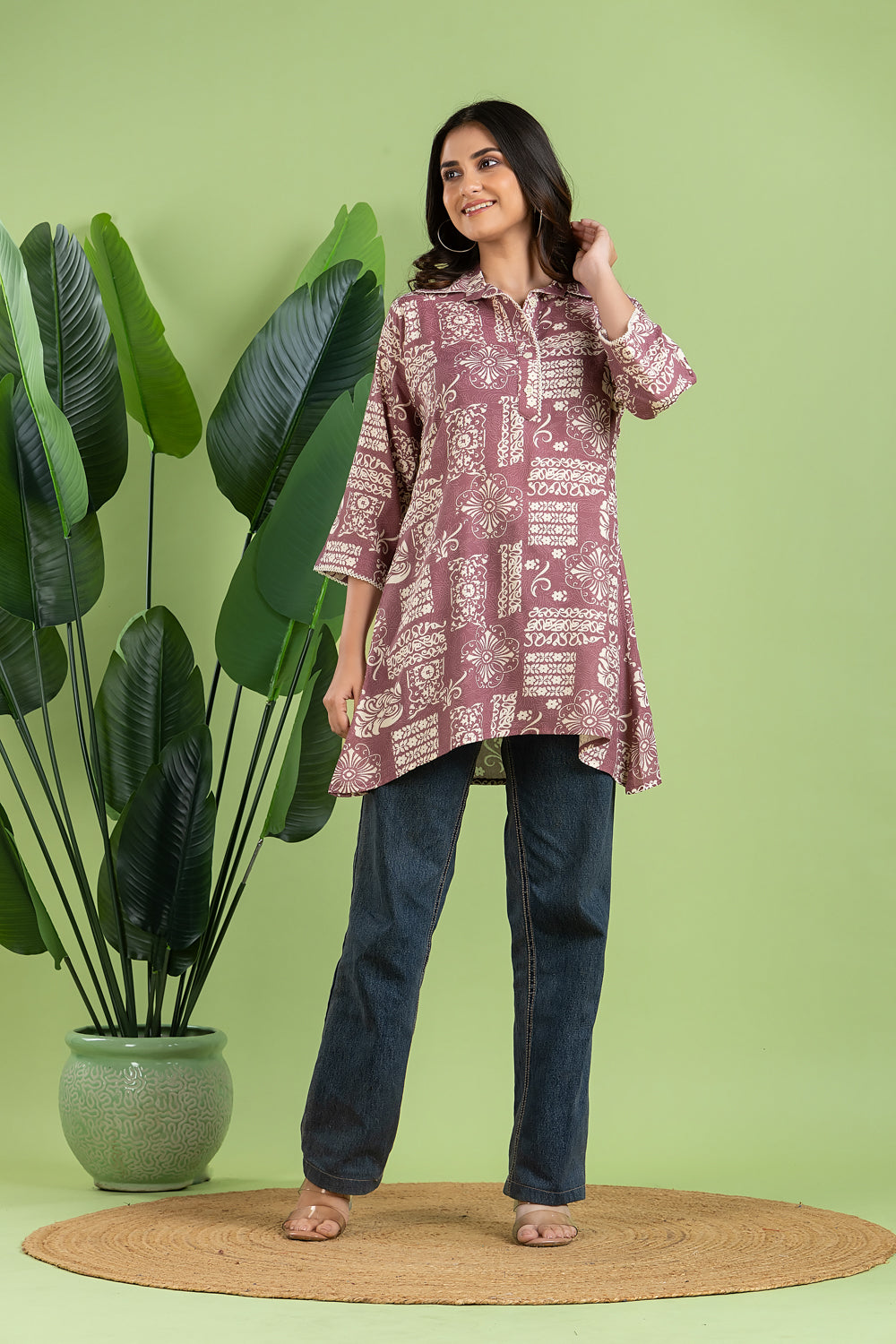 Mauve Floral Print Short Kurta