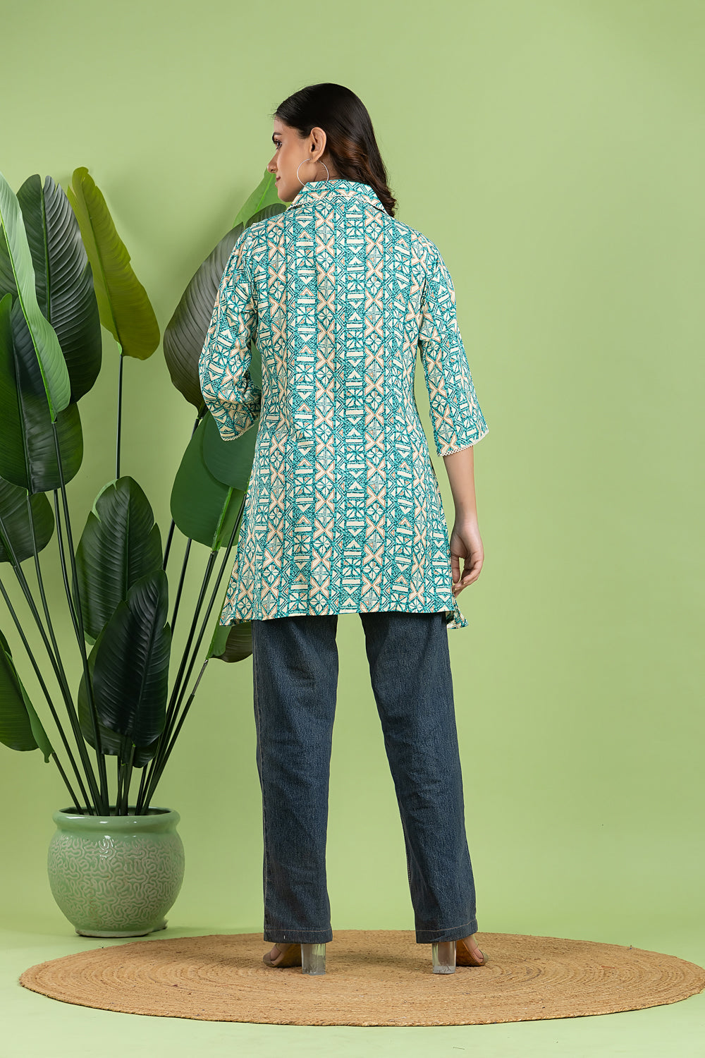 Aqua Blue Geometric Print Short Kurta