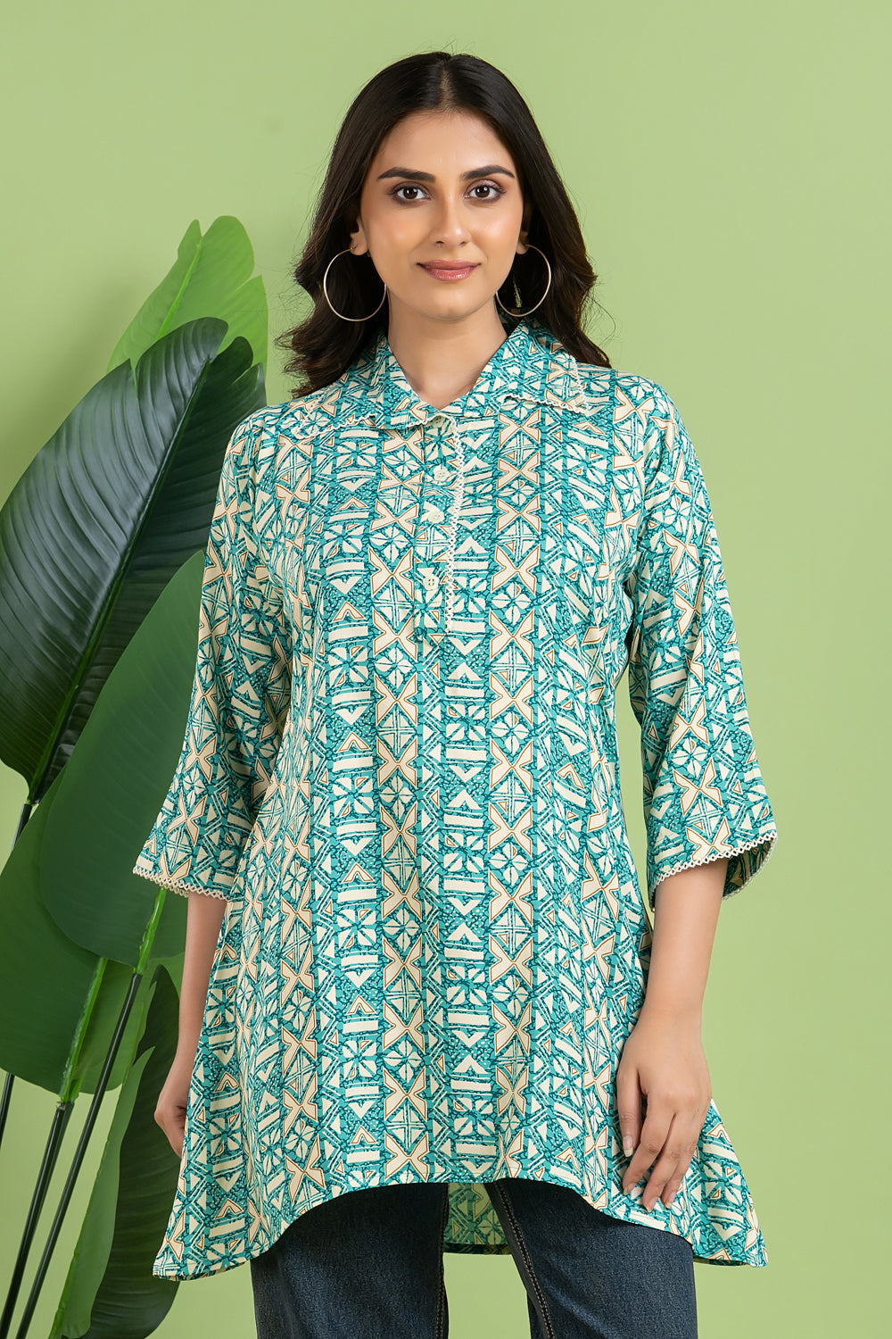 Aqua Blue Geometric Print Short Kurta