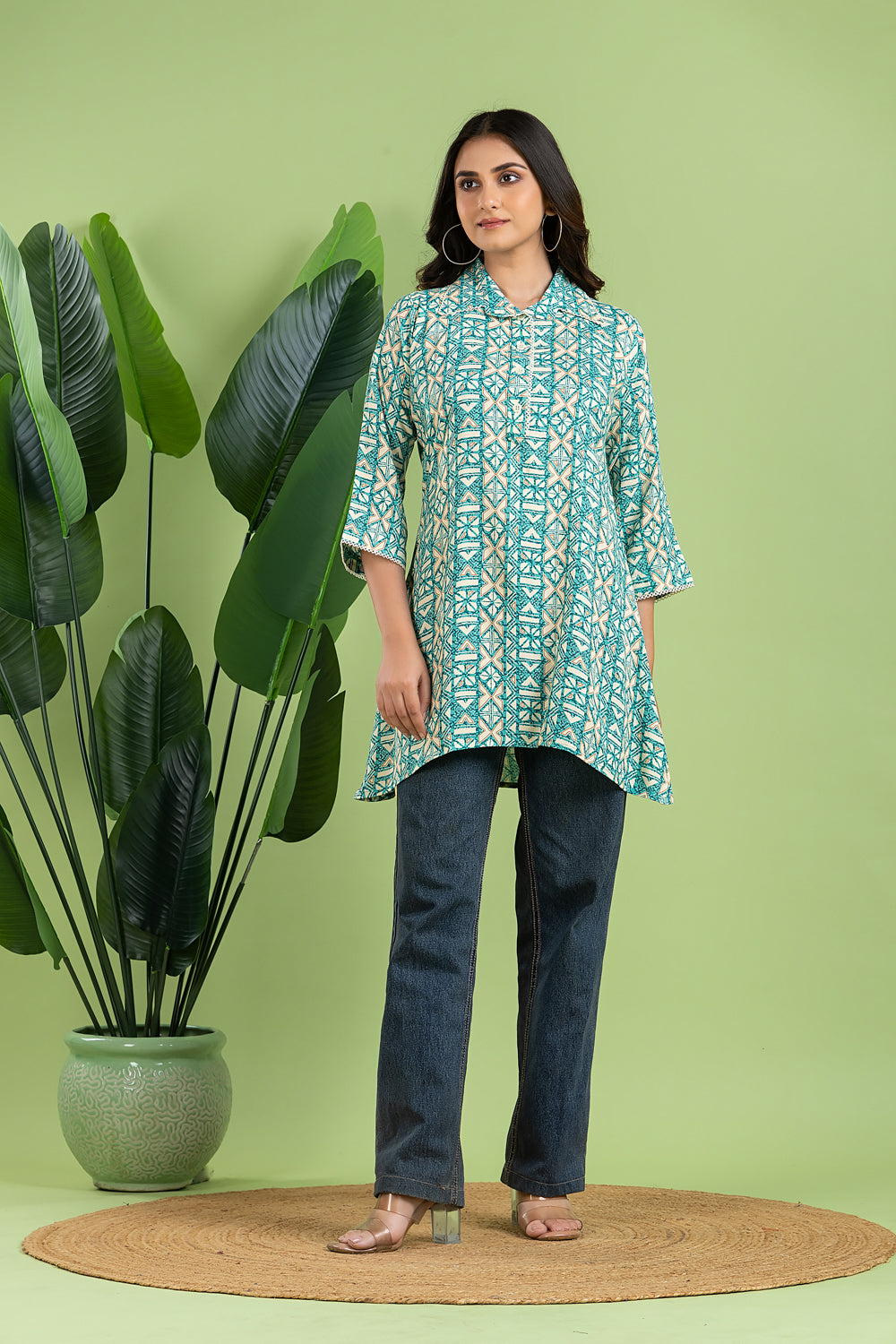 Aqua Blue Geometric Print Short Kurta