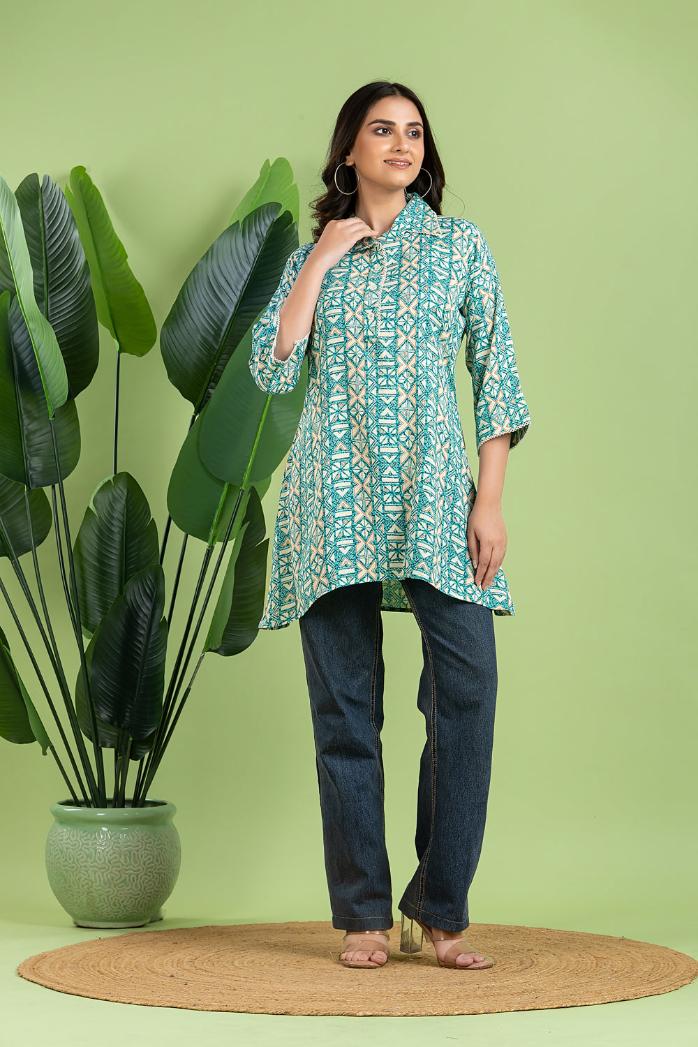 Aqua Blue Geometric Print Short Kurta