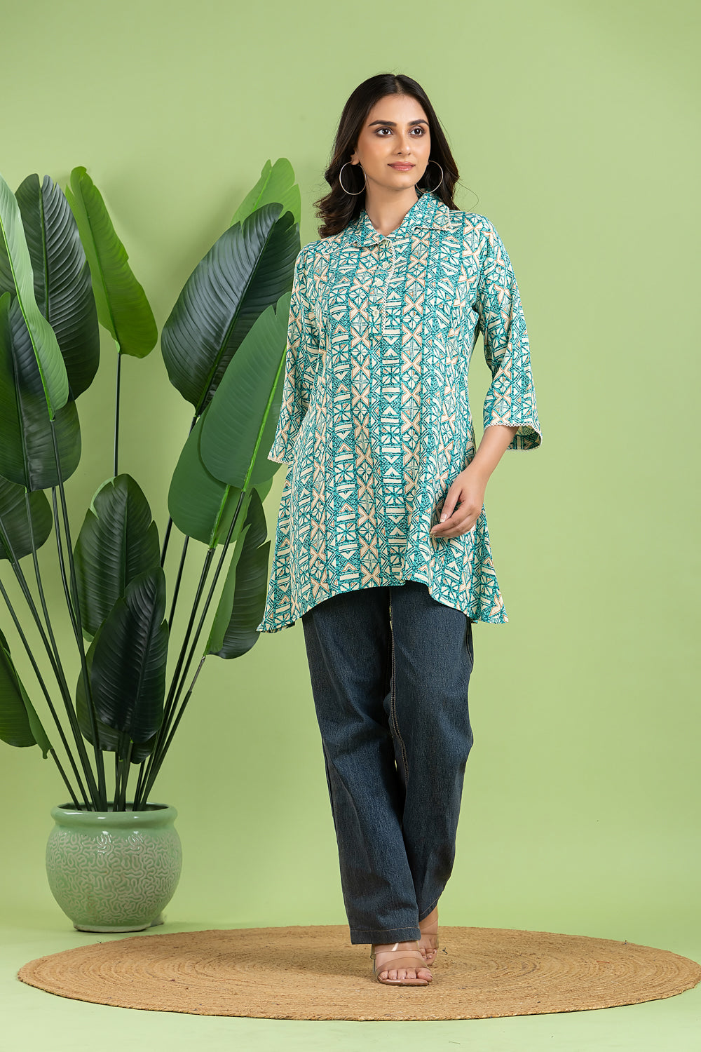 Aqua Blue Geometric Print Short Kurta