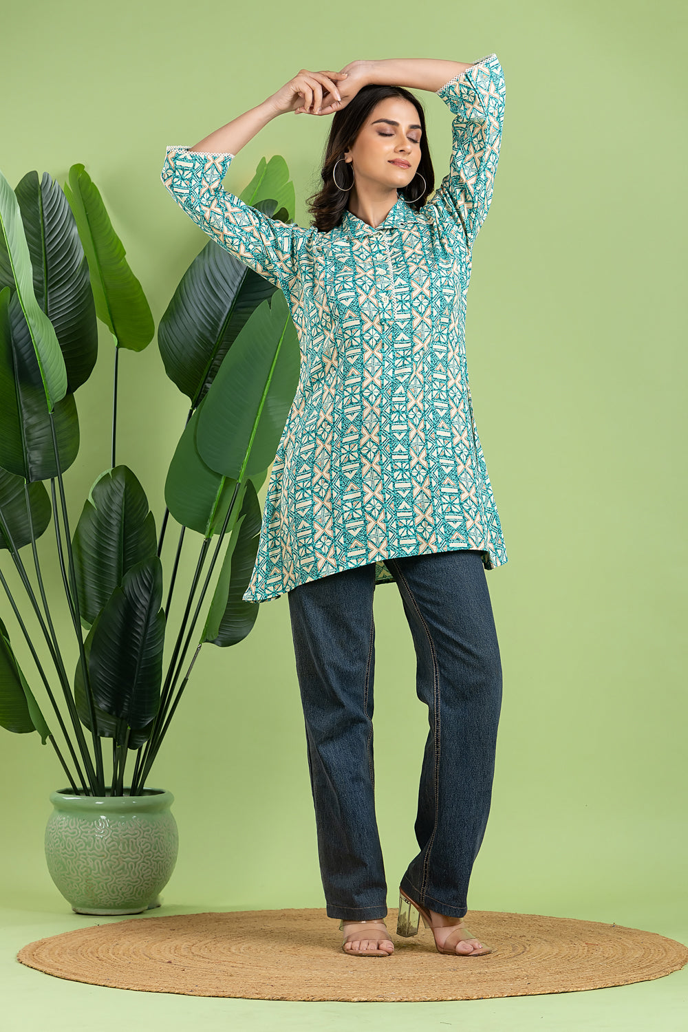 Aqua Blue Geometric Print Short Kurta