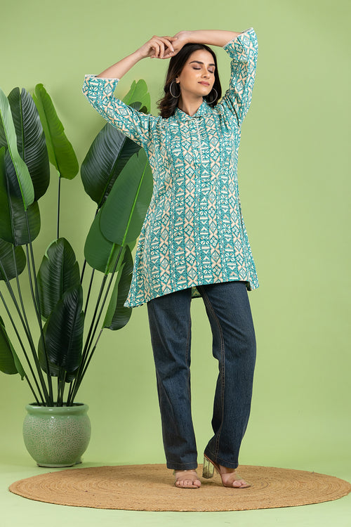 Aqua Blue Geometric Print Short Kurta