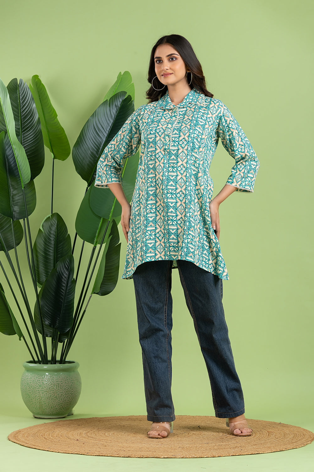 Aqua Blue Geometric Print Short Kurta