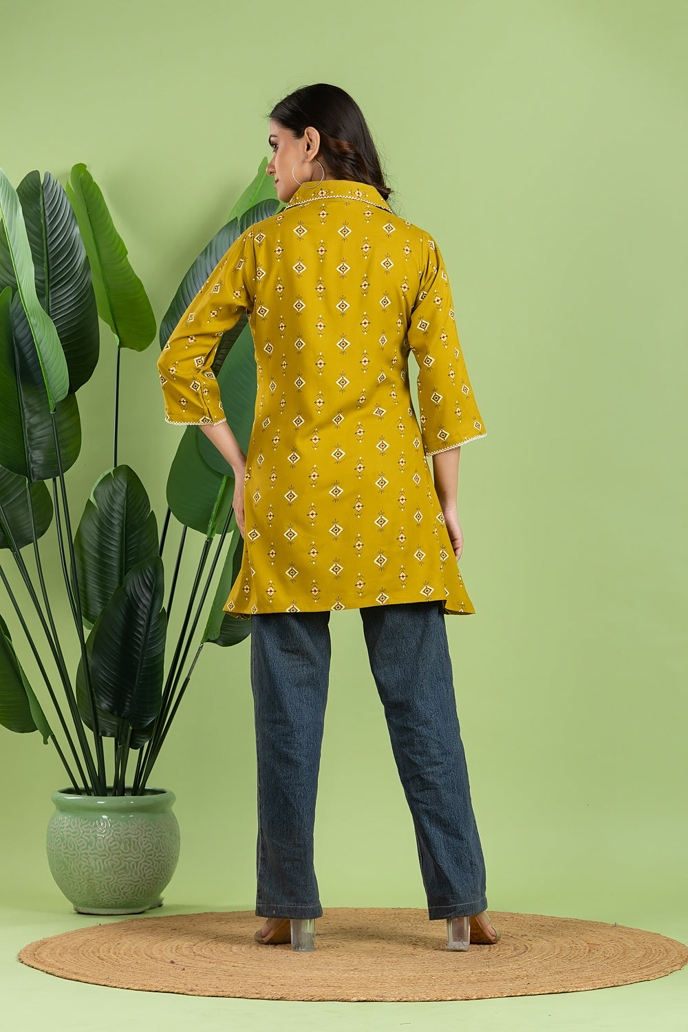 Lime Green Geometric Print Short Kurta