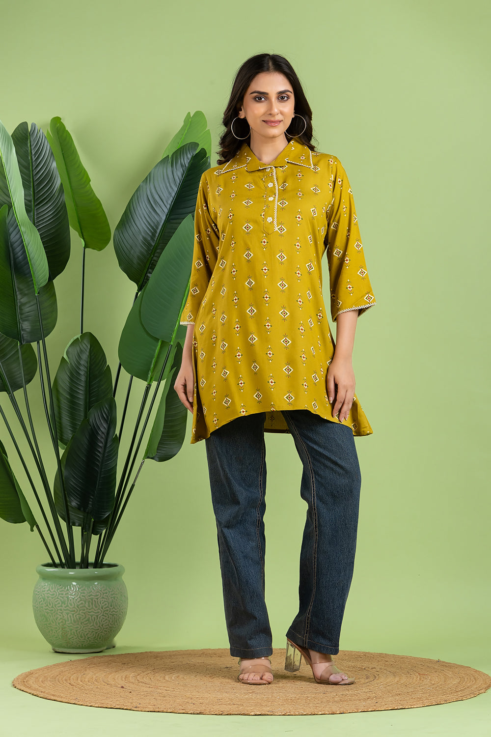 Lime Green Geometric Print Short Kurta