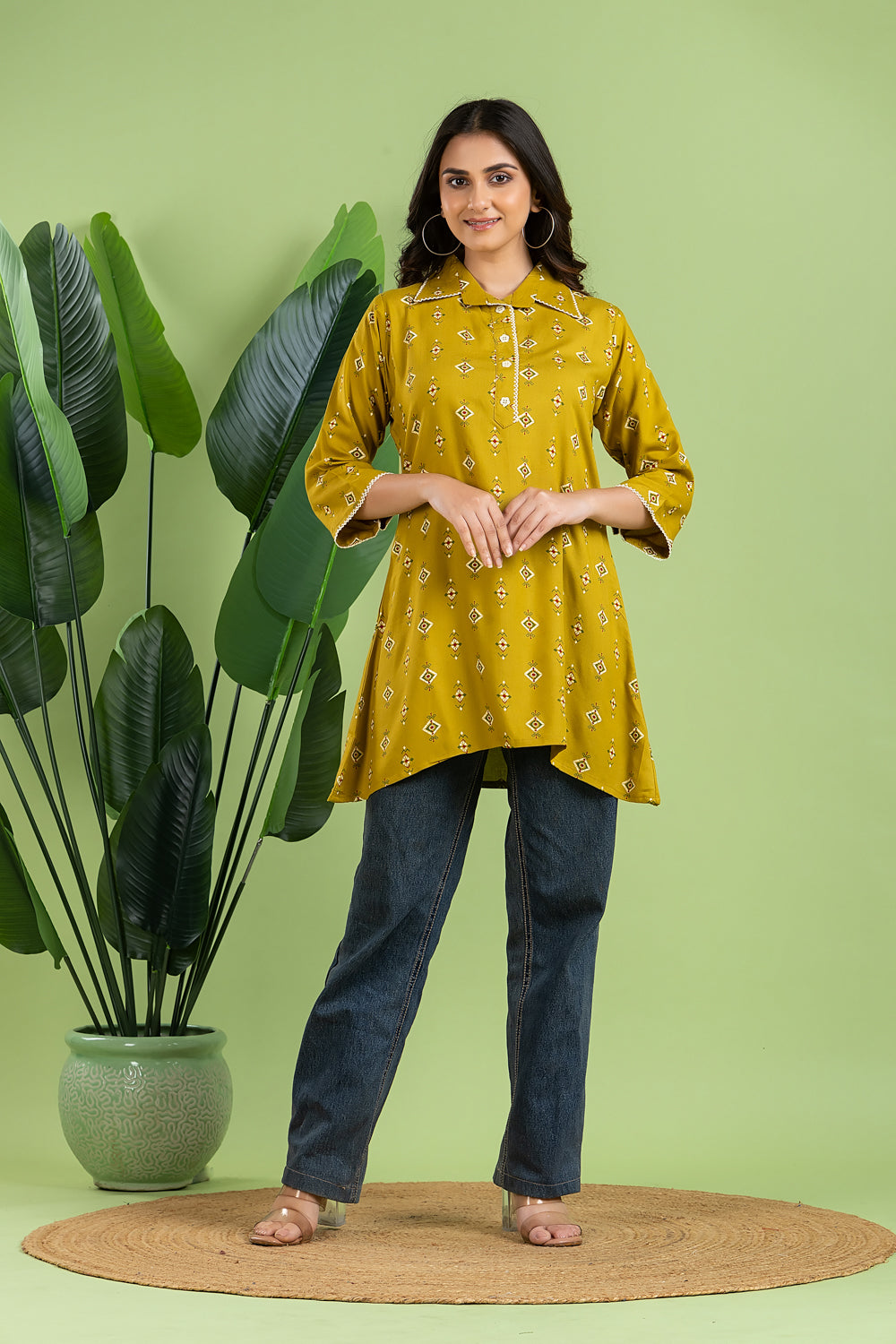 Lime Green Geometric Print Short Kurta