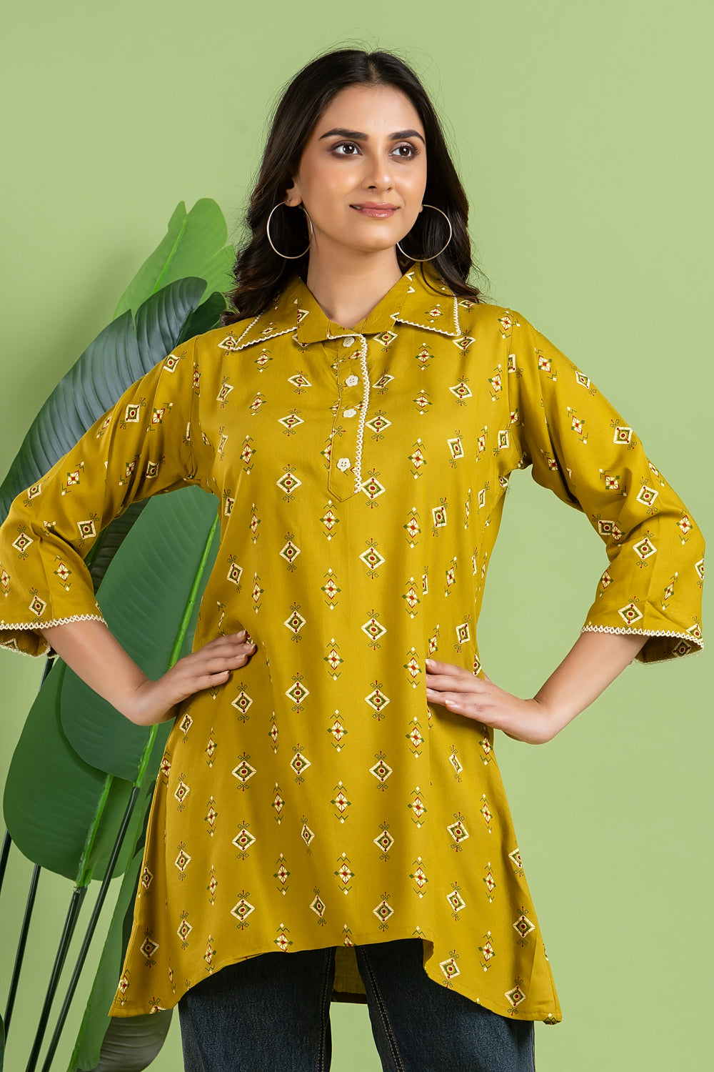 Lime Green Geometric Print Short Kurta