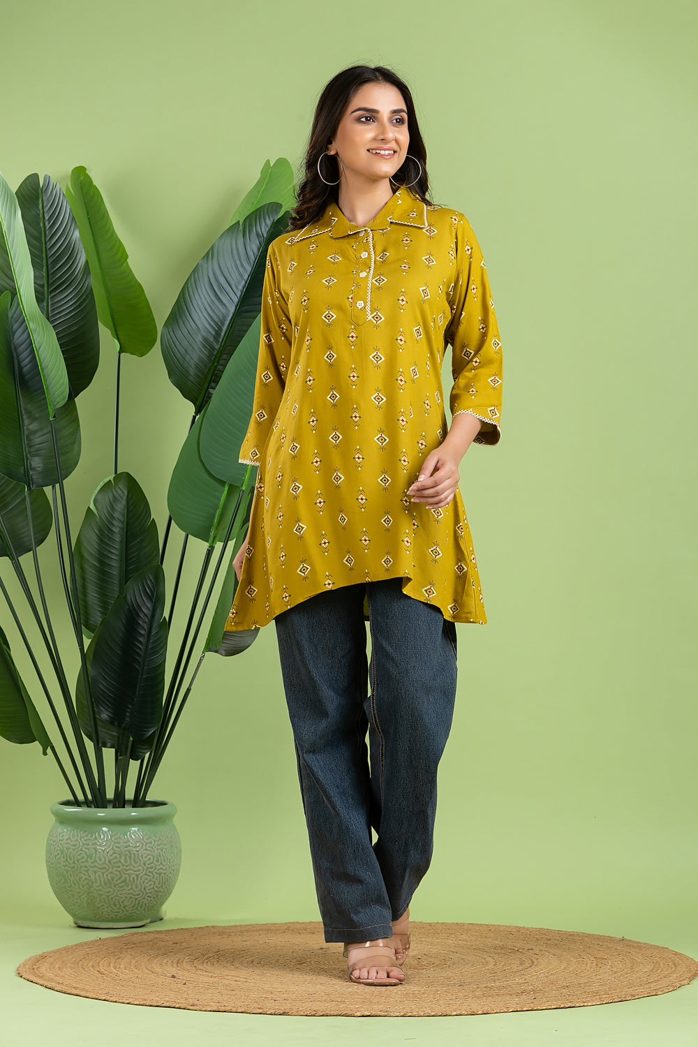 Lime Green Geometric Print Short Kurta