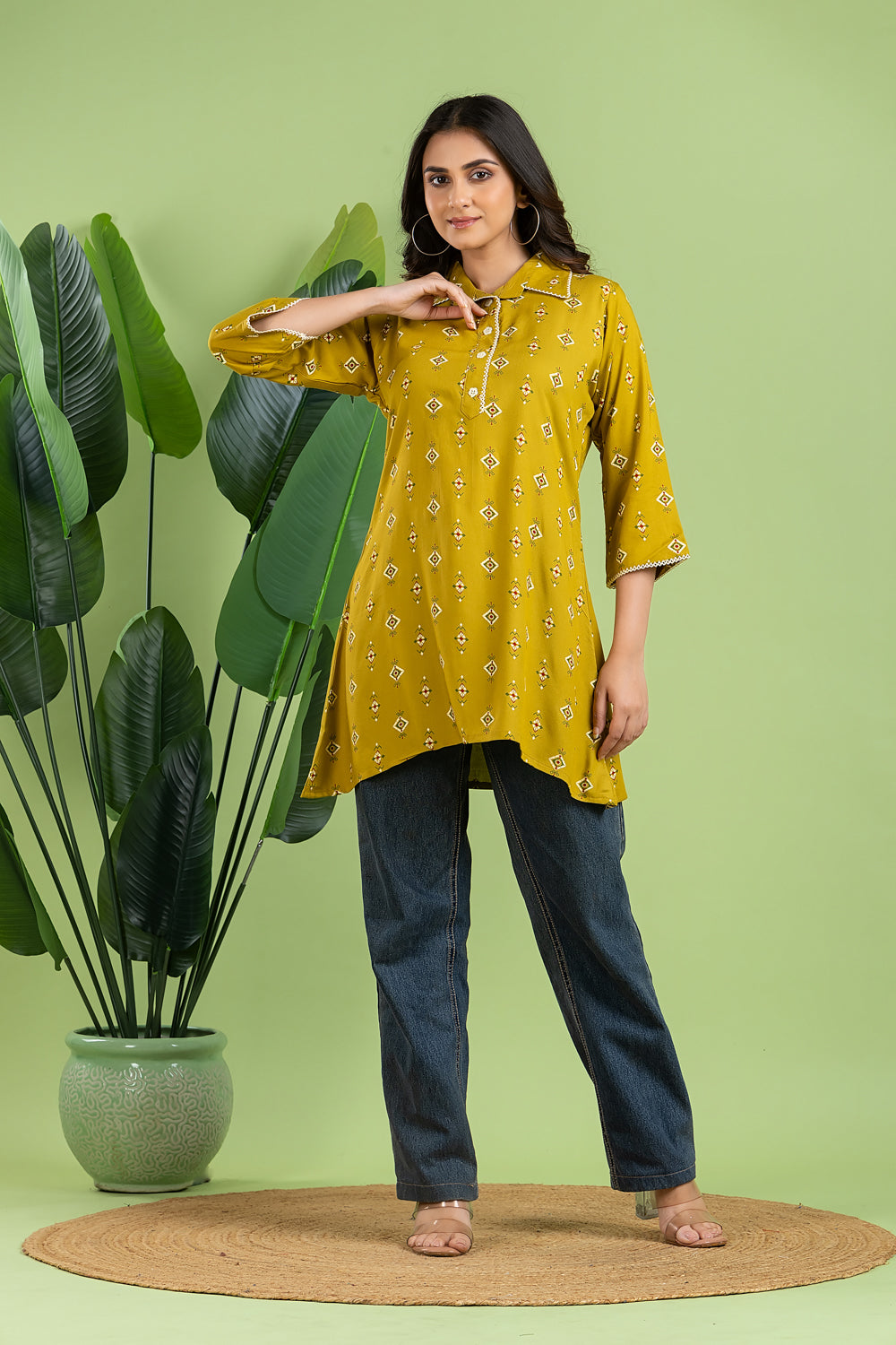 Lime Green Geometric Print Short Kurta