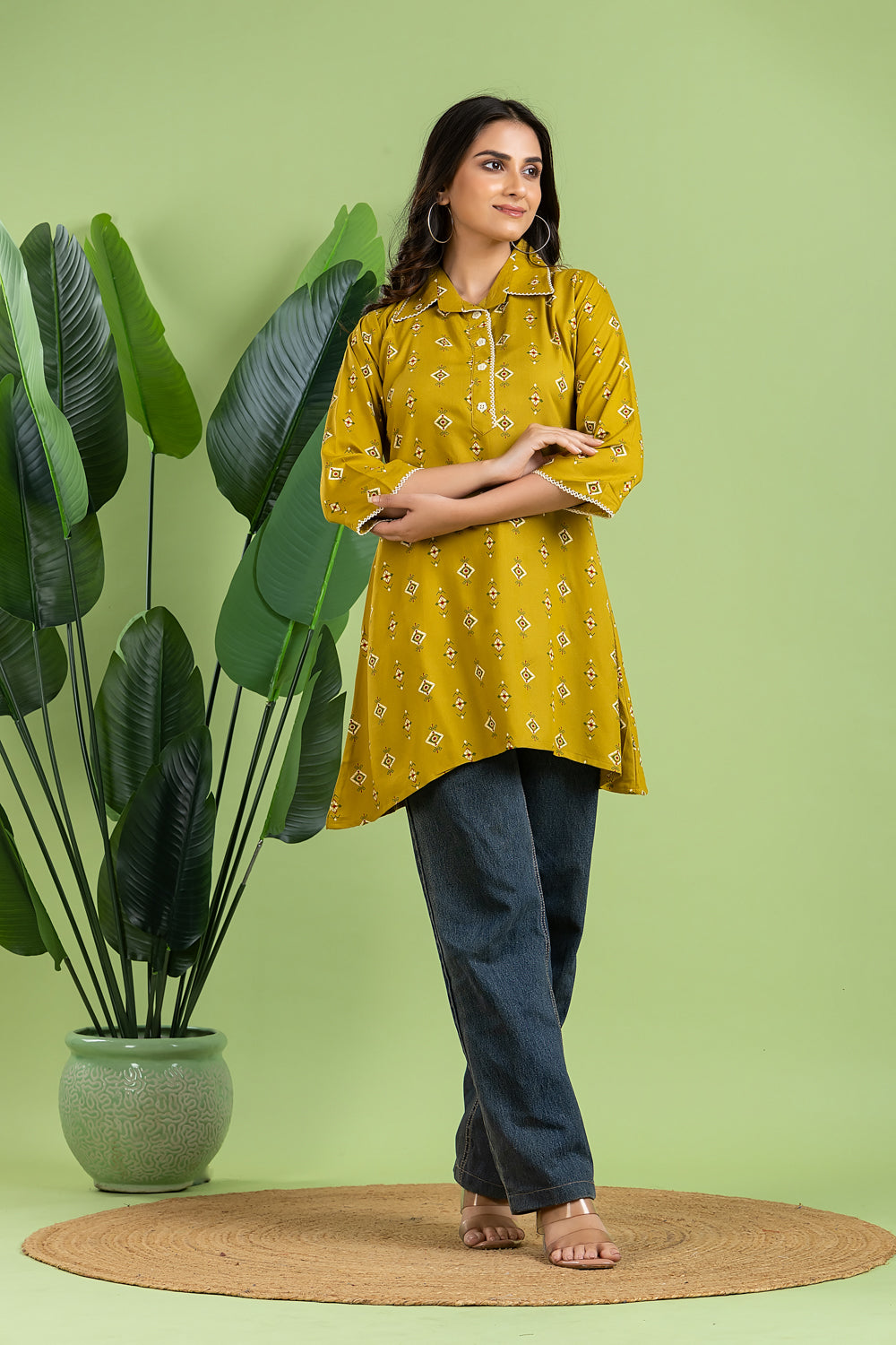 Lime Green Geometric Print Short Kurta