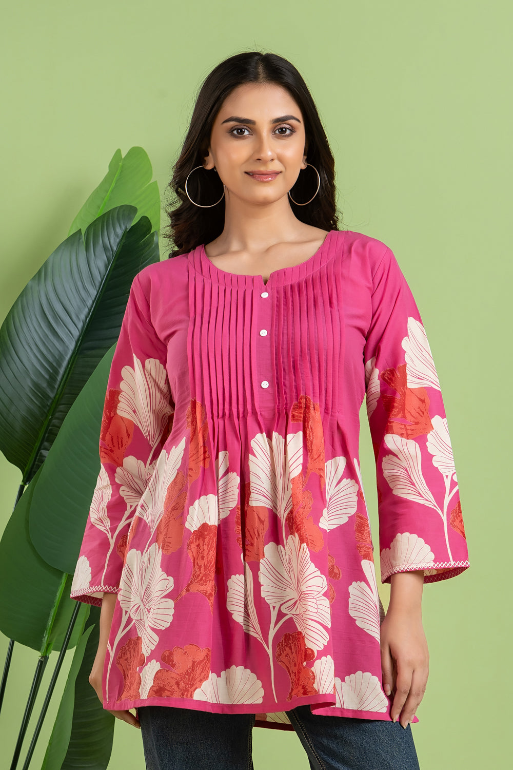 Magenta Pink Floral Print Pleated Short Kurta
