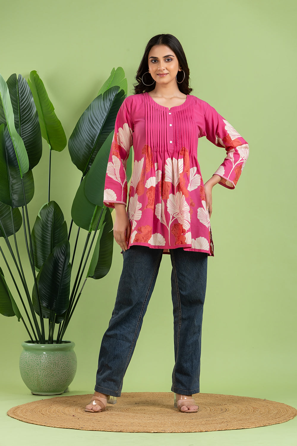 Magenta Pink Floral Print Pleated Short Kurta
