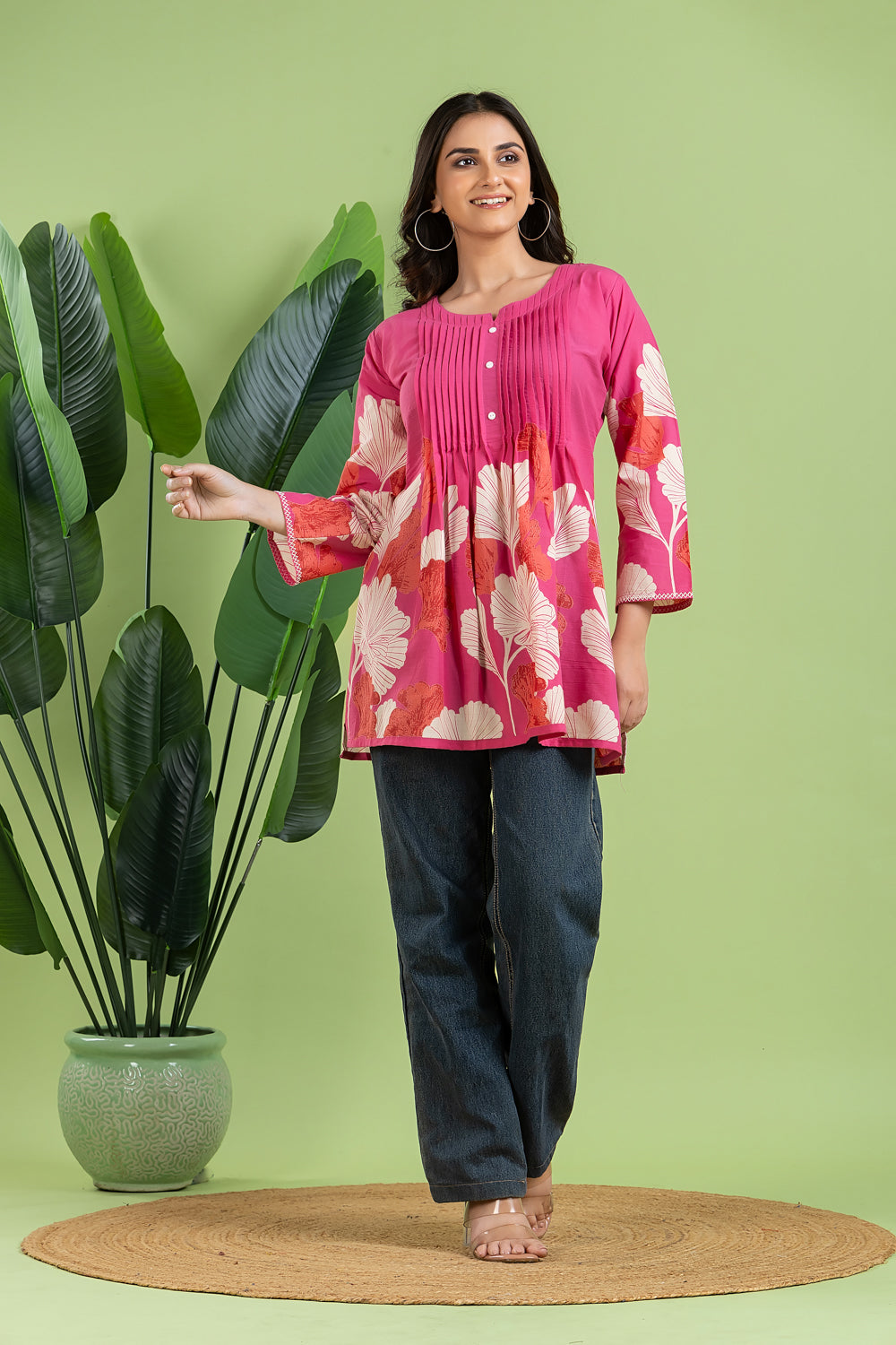 Magenta Pink Floral Print Pleated Short Kurta